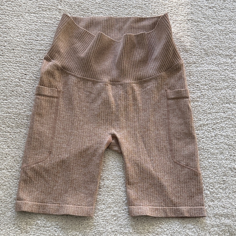 Mono B Ribbed Sports Bikers Shorts in Tan size Small